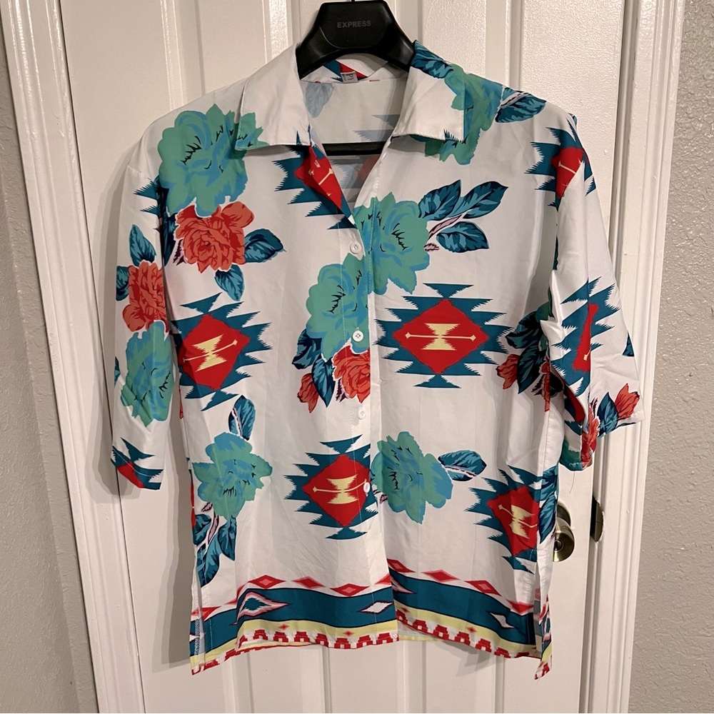 Oversized Tribal and Floral Print Button Up - M
